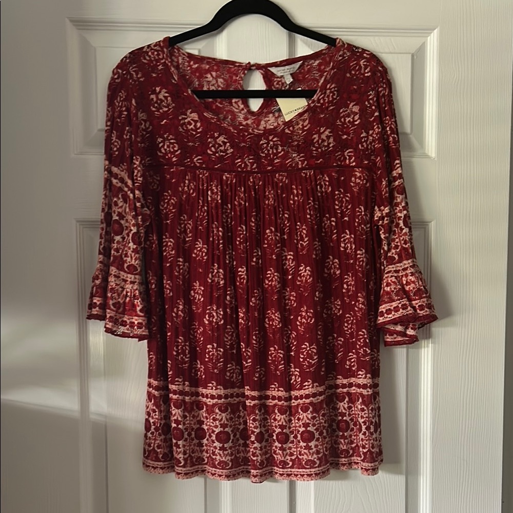 Lucky Brand Red Flutter Sleeve Smocked Blouse